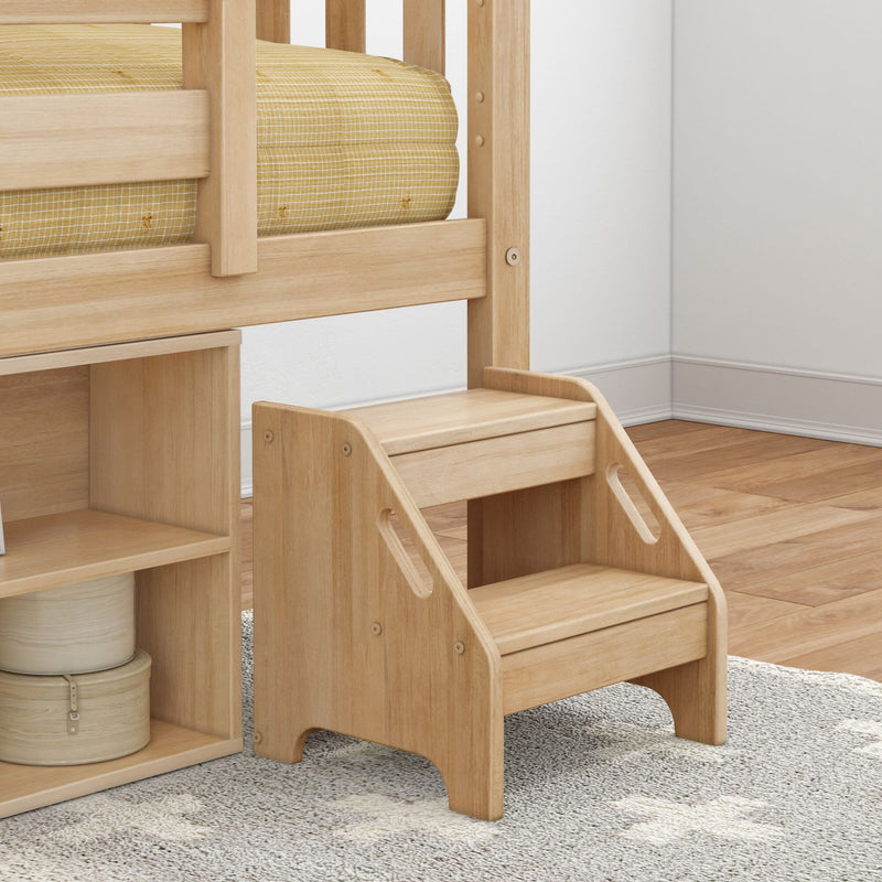 Natural light wood children's loft bed with built-in storage stairs and yellow check mattress in modern nursery