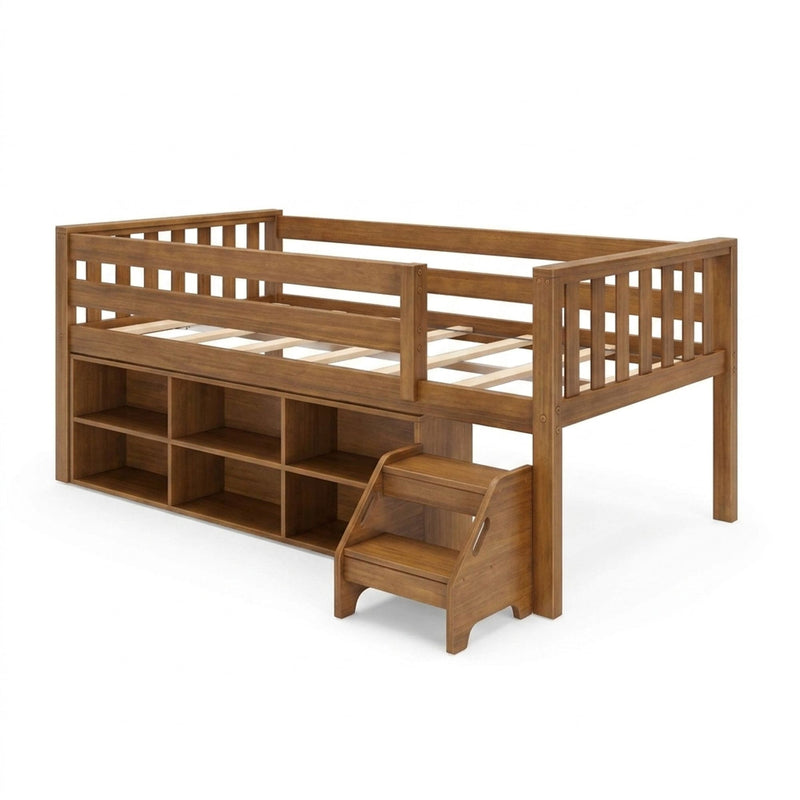 Wood twin loft bed with guardrails, built-in cubby storage and stepped stairs in walnut finish, space-saving kids' bedroom furniture