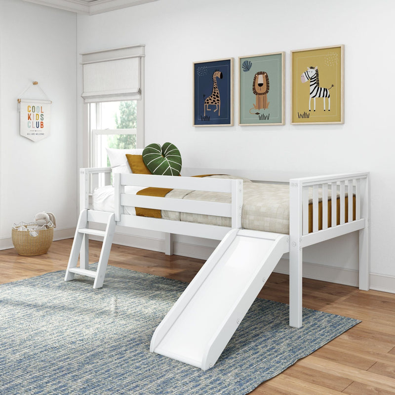 Bright modern kids bedroom with white wooden loft bed and slide, mustard bedding, green leaf cushion, woven toy basket and framed zebra, lion and giraffe wall art