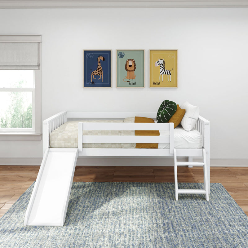Modern kids white loft bed with slide in neutral nursery, framed giraffe lion zebra wall art, mustard pillows and blue rug