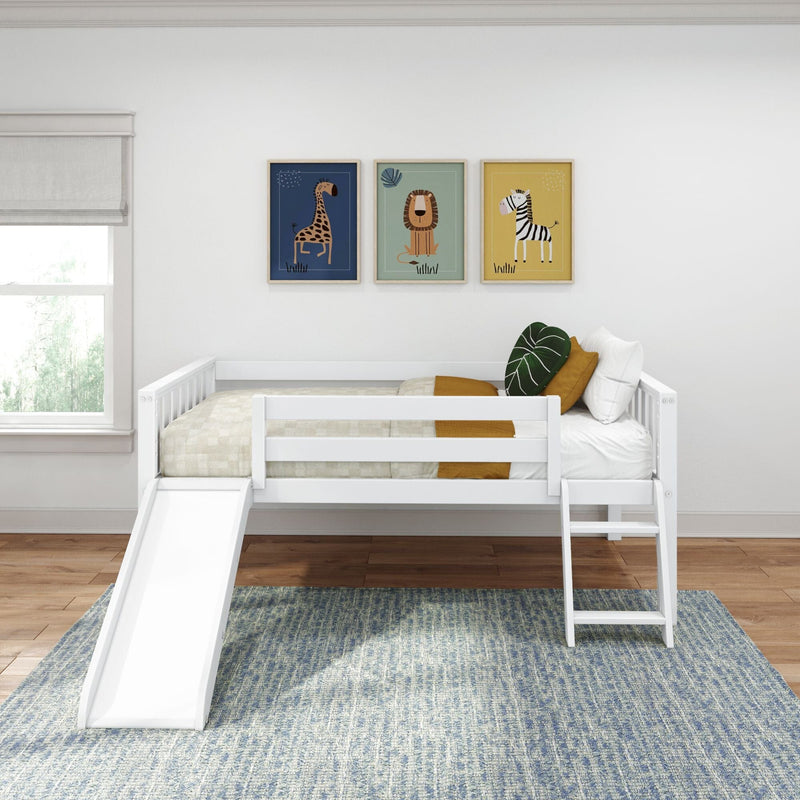 Modern kids white loft bed with slide in neutral nursery, framed giraffe lion zebra wall art, mustard pillows and blue rug