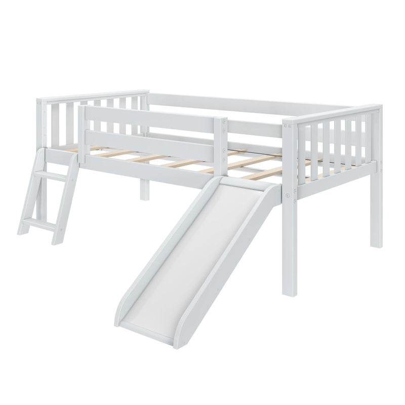 White wooden kids loft bed with slide and ladder, safety guardrails and slatted mattress platform