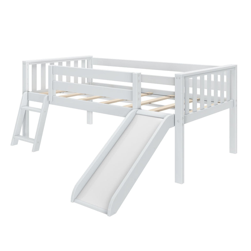 White wooden kids loft bed with slide and ladder, safety guardrails and slatted mattress platform