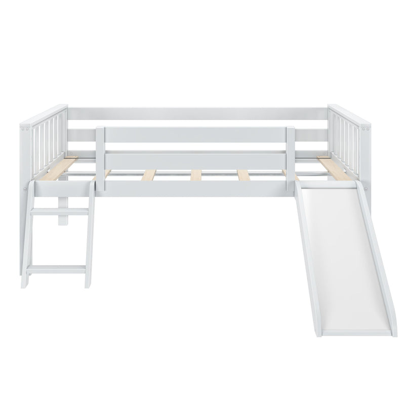 White wooden loft bed with slide and ladder, safety rails and slatted mattress supports — modern kids bunk bed for children's bedroom