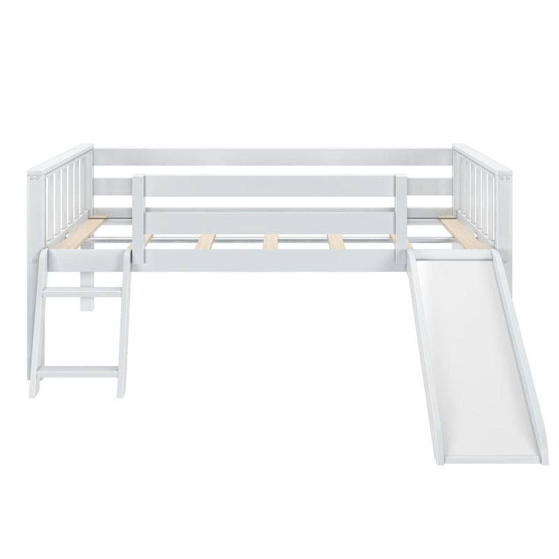 White wooden loft bed with slide and ladder, safety rails and slatted mattress supports — modern kids bunk bed for children's bedroom