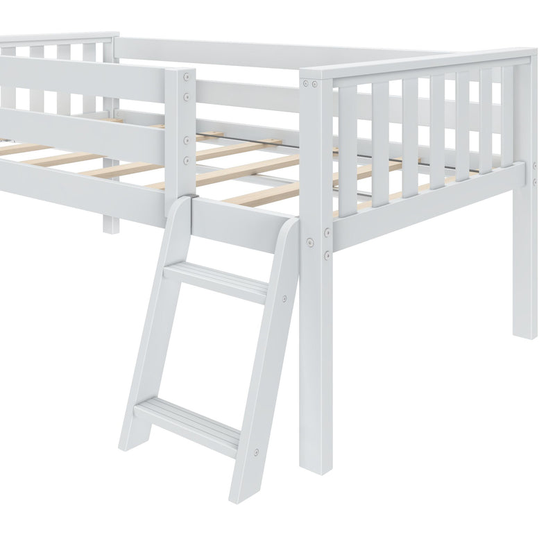 White wooden loft bed frame with ladder, slatted mattress support and safety guardrails — modern twin loft bed for kids and small spaces