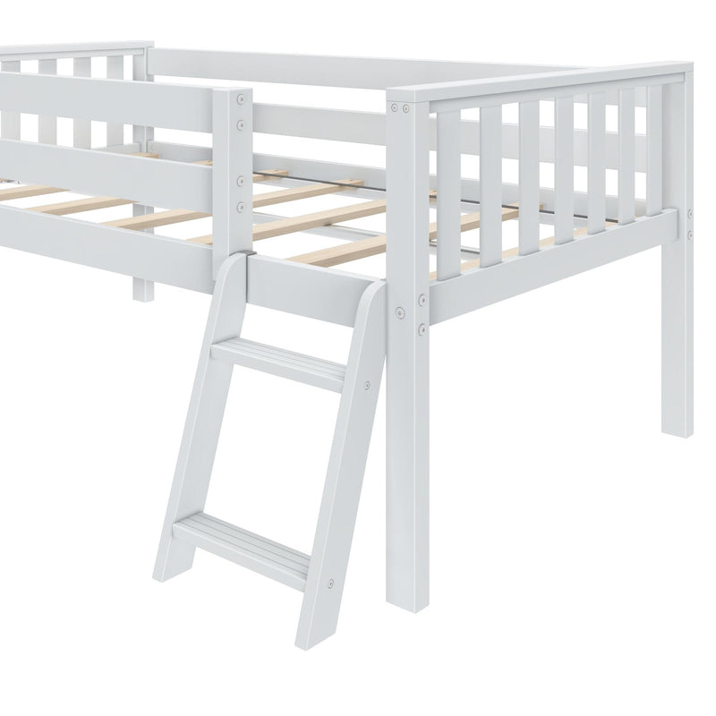 White wooden loft bed frame with ladder, slatted mattress support and safety guardrails — modern twin loft bed for kids and small spaces