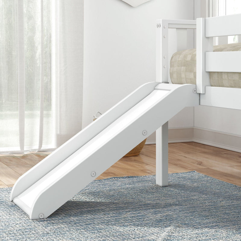White wooden kids bunk bed with built-in slide, beige plaid bedding, blue rug and sheer curtains in a bright modern children's bedroom