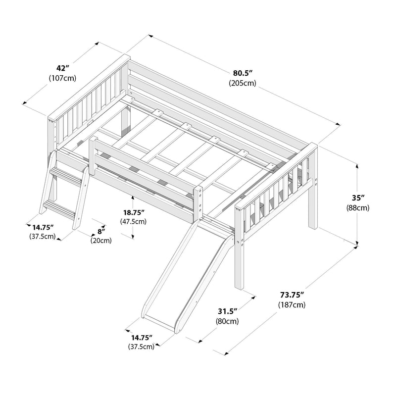 Assembly diagram of a wooden kids loft bed with built-in slide and ladder, line-drawing annotated with dimensions in inches and centimeters (example 80.5″/205cm shown) for product listing and installation reference
