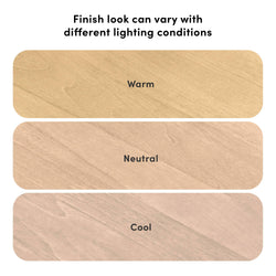 Comparison of wood finishes: warm, neutral, and cool tones under different lighting conditions.