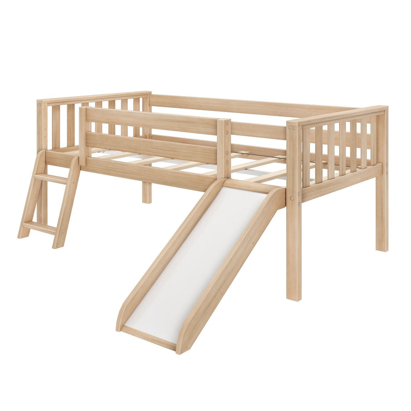 Natural wood loft bed with built-in ladder and white slide, safety rails for kids, modern space-saving design