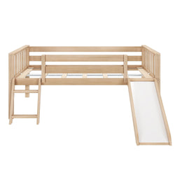 Kids' wooden loft bed with slide and ladder for playful bedroom design.