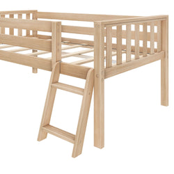 Wooden loft bed with ladder, natural finish, perfect for kids' room space-saving furniture.