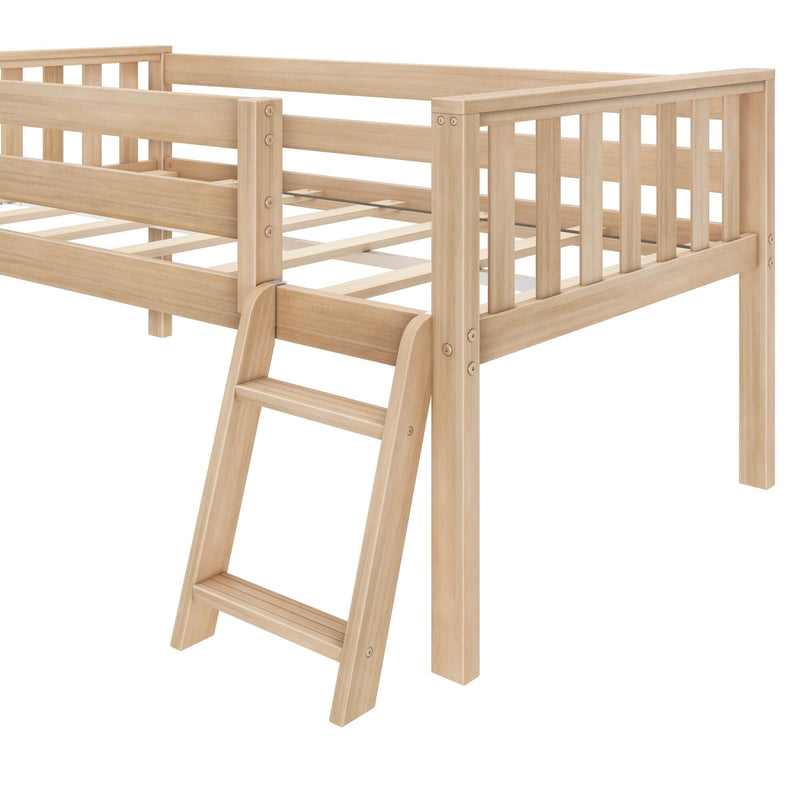 Light natural wood twin loft bed with ladder, slatted guard rails and wooden slat support — modern minimalist kids' bed frame