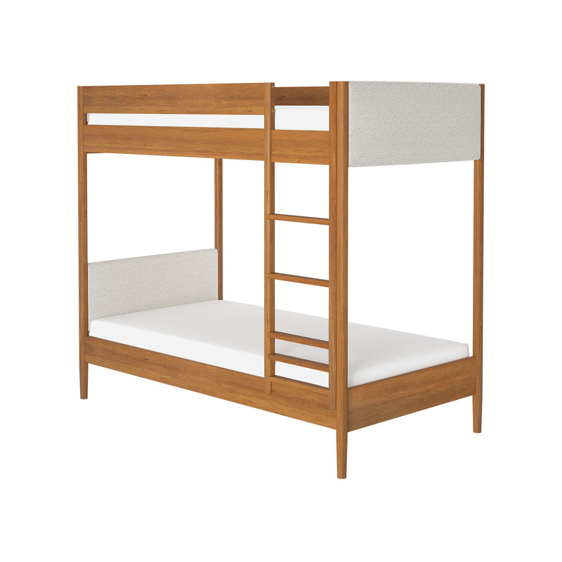 Solid oak‑finish twin‑over‑twin bunk bed with integrated ladder and beige upholstered panels — space‑saving modern wood frame for kids' bedroom