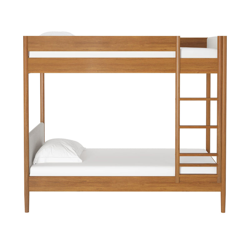 Minimal solid oak twin-over-twin bunk bed with built-in ladder, white mattresses and pillows, modern kids' bedroom furniture
