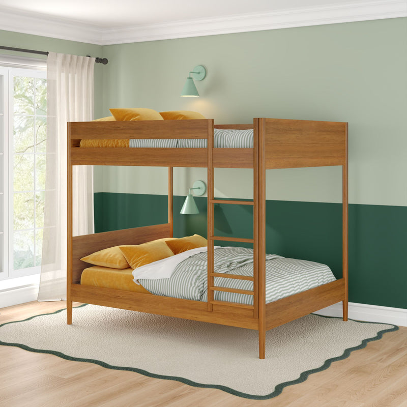 Wooden bunk bed with striped bedding and mustard yellow pillows against a two-tone green accent wall with mint wall sconces and sheer window curtains in a bright kids' bedroom