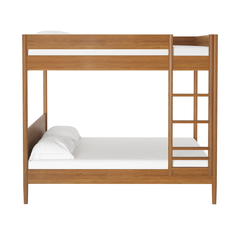 Twin-over-full solid oak bunk bed with integrated ladder and white bedding, natural wood finish, space-saving design