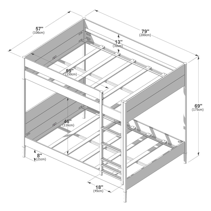 Twin-over-full bunk bed dimensions diagram with ladder and metal frame — 79 in (200 cm) L x 57 in (106 cm) W x 69 in (175 cm) H, 46 in (116 cm) lower clearance, 18 in (45 cm) ladder width, assembly illustration.