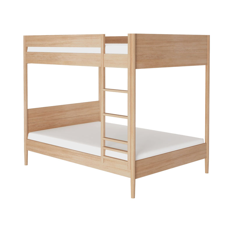 Minimalist natural oak wooden bunk bed with integrated ladder and slatted guardrails, modern solid-wood frame