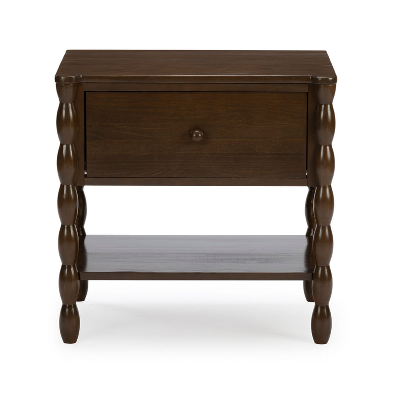 Dark brown wooden bedside table (nightstand) with single drawer, lower shelf and turned spindle legs — farmhouse-style end table