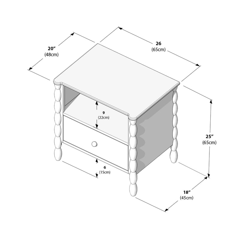 Isometric line drawing of a wooden bedside table/nightstand with turned spindle legs, one drawer and open shelf — dimensions labeled 26″ x 20″ x 25″ (65 x 48 x 65 cm) with shelf opening 9″ (22 cm) and drawer height 6″ (15 cm).