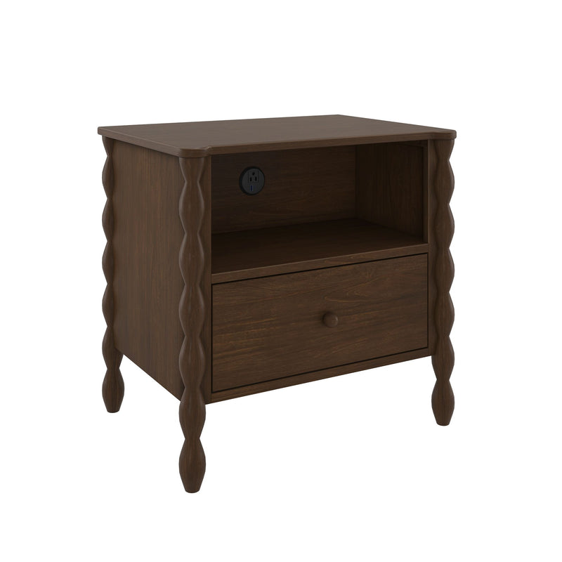 Dark brown wooden nightstand bedside table with single drawer, open shelf and built-in power outlet for charging, twisted spindle legs