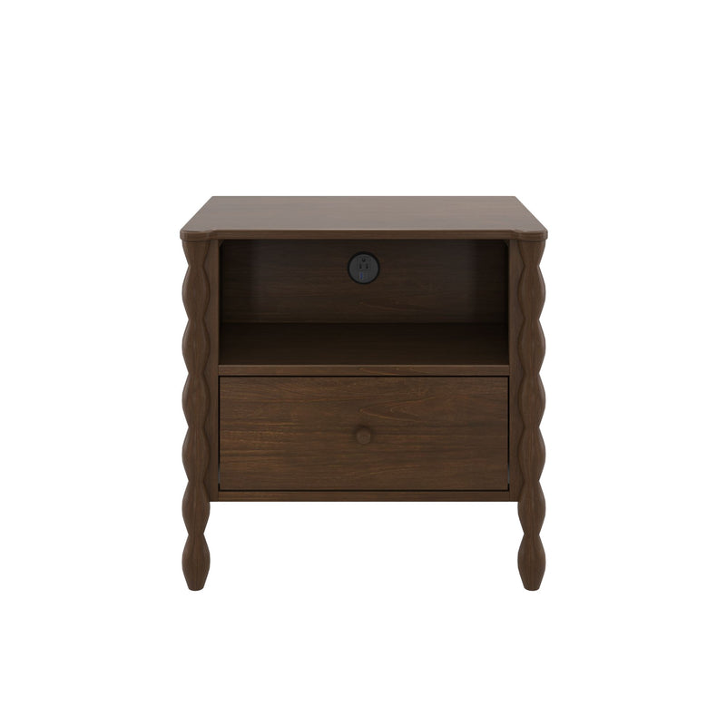 Dark walnut nightstand with carved spindle legs, single drawer, open shelf and integrated power outlet with USB ports
