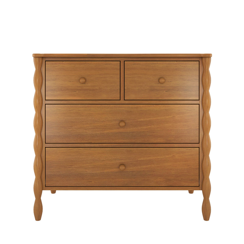 Solid wood 4-drawer dresser chest with two small top drawers, turned carved legs and warm oak finish — mid-century modern inspired bedroom storage furniture