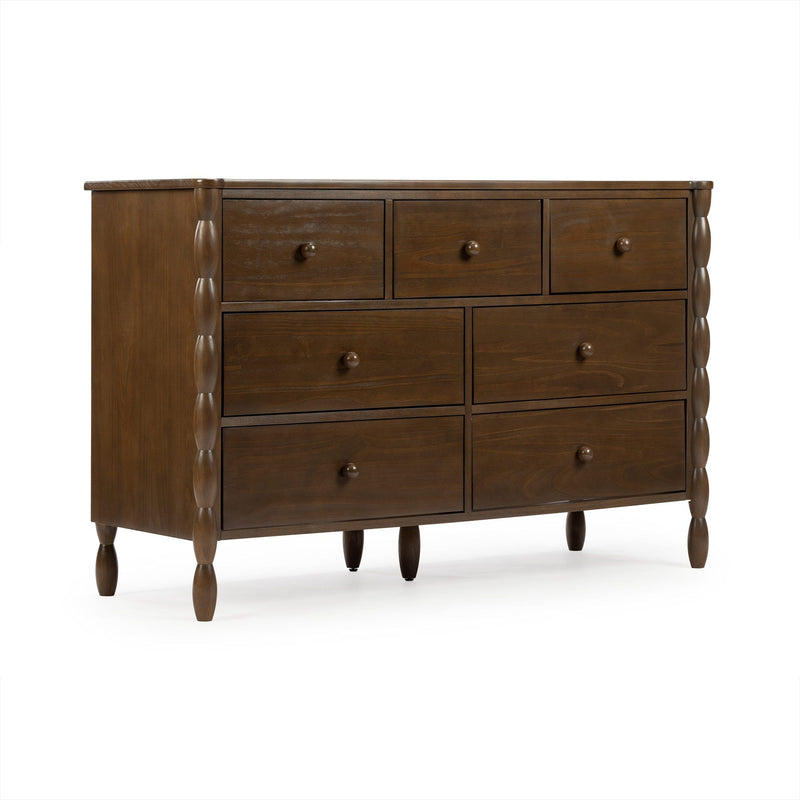 Solid wood 7-drawer dresser in dark walnut finish with turned legs and carved spindle side detailing, roomy bedroom storage chest