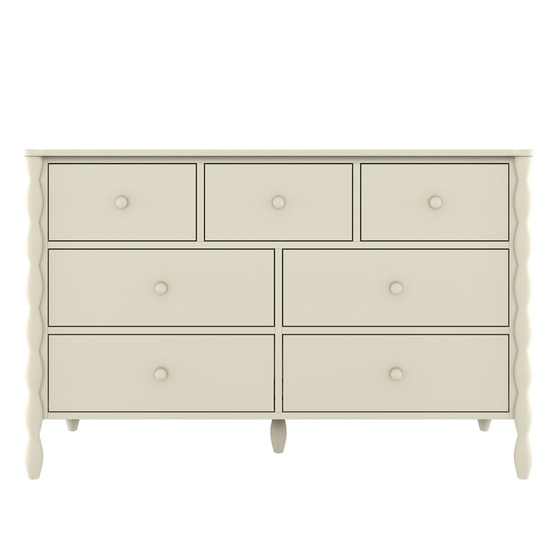 Cream wooden 9-drawer dresser with round knobs and turned legs, spacious bedroom storage furniture