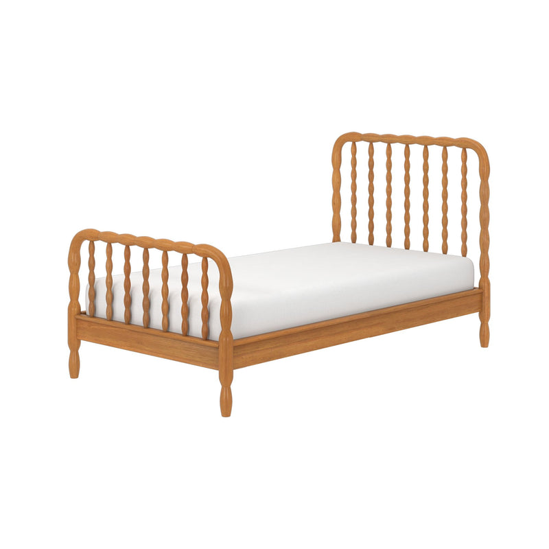 Natural oak spindle headboard and footboard wooden bed frame with white mattress