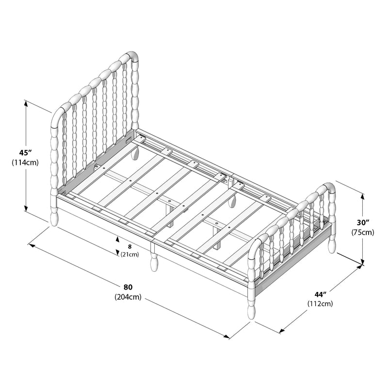 Isometric assembly diagram of a wooden spindle bed frame with slatted support and center legs, dimensions 80" x 44" (204 x 112 cm), 45" (114 cm) headboard height, 30" (75 cm) footboard height and 8" (21 cm) slat clearance