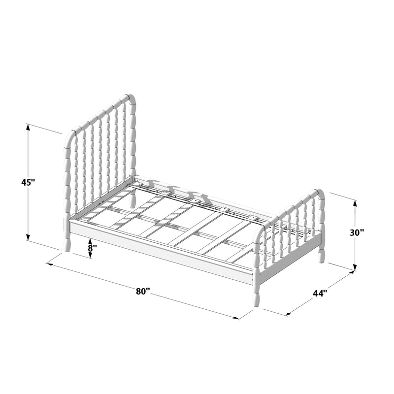 White turned-spindle bed frame assembly diagram with slatted support and labeled dimensions: 80 in L × 44 in W, 45 in headboard, 30 in footboard, 8 in clearance