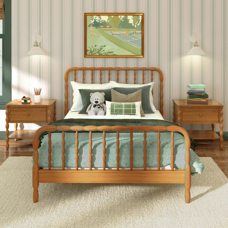 Cozy children's bedroom interior with wooden spindle bed, green bedding and pillows, teddy bear, striped wallpaper, framed art, bedside tables and wall sconces