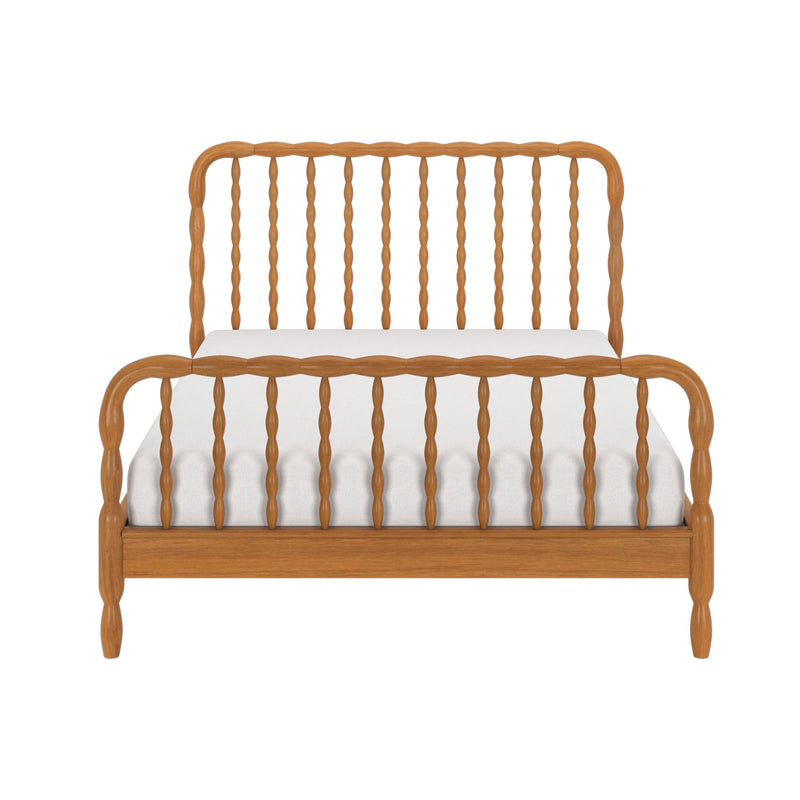 Front view of wooden spindle bed frame with twisted spindles on headboard and footboard, natural wood finish and white mattress