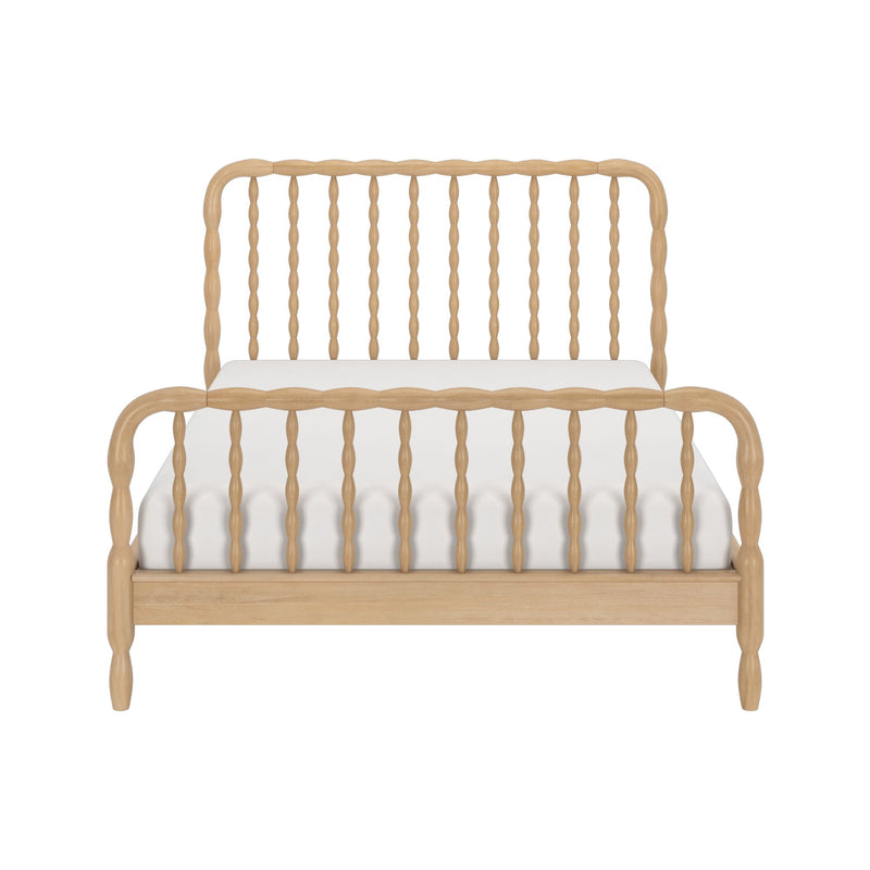 Natural light wood spindle bed frame with turned spindles, headboard and footboard, white mattress — farmhouse-style wooden bed