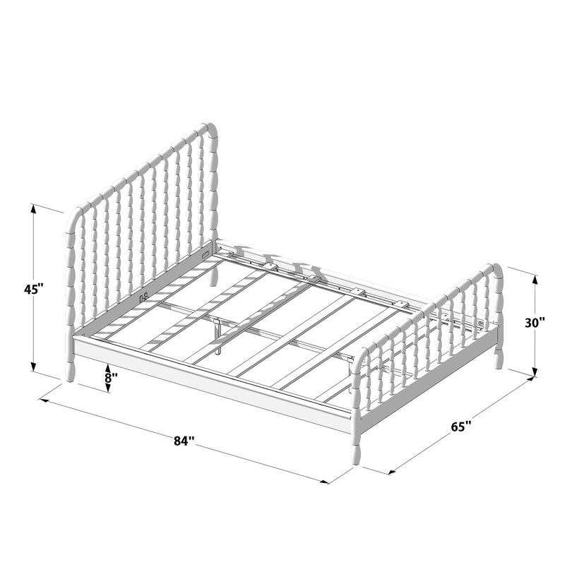 Queen-size spindle wood bed frame with slatted platform and decorative headboard and footboard, dimensions approximately 84 x 65 x 45 inches