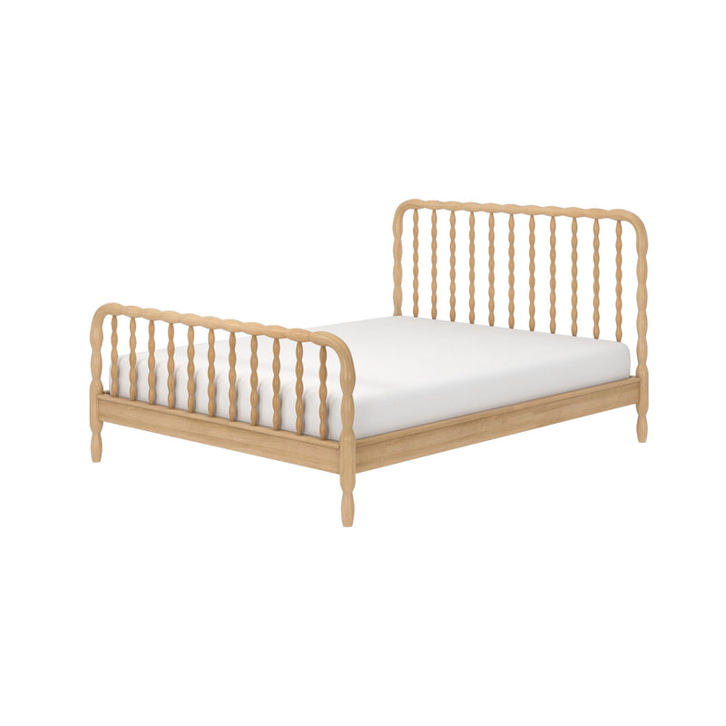 Light natural wood spindle bed frame with matching headboard and footboard and white mattress, modern farmhouse style