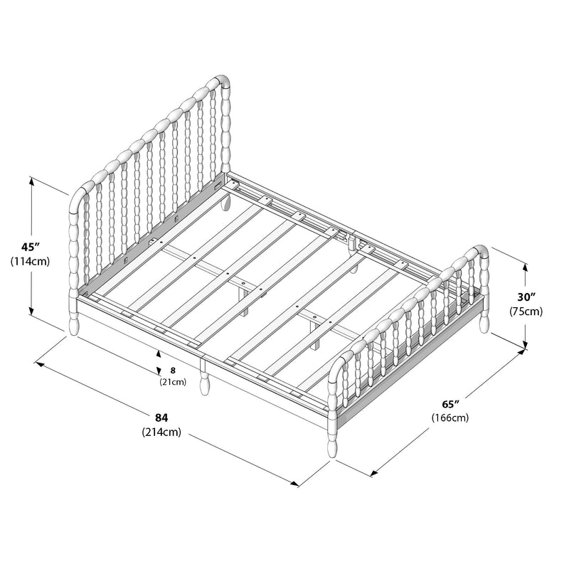 Queen-size wooden bed frame assembly diagram with turned spindle headboard and footboard, slatted platform, overall dimensions 84″×65″ (214×166 cm), headboard 45″ (114 cm), footboard 30″ (75 cm), 8″ (21 cm) clearance