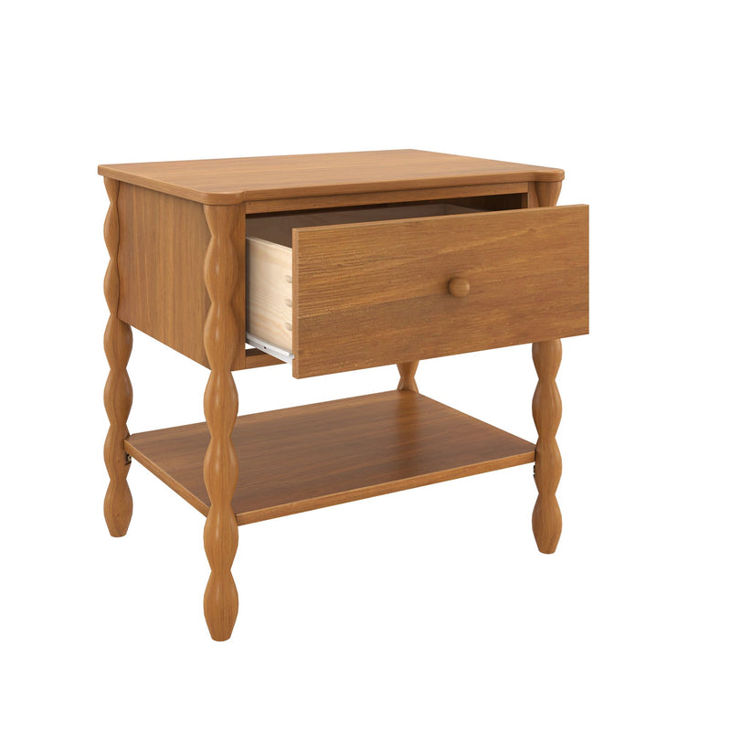 Wooden nightstand with open drawer, turned spindle legs and lower shelf in a natural oak finish