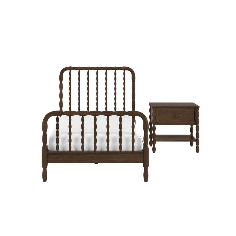 Dark brown wooden spindle bed frame with white bedding and matching nightstand with drawer, traditional bedroom set