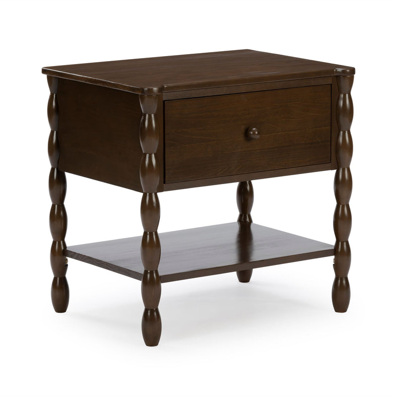 Dark brown wooden end table with single drawer, turned spindle legs and lower shelf — traditional bedside nightstand and living room side table