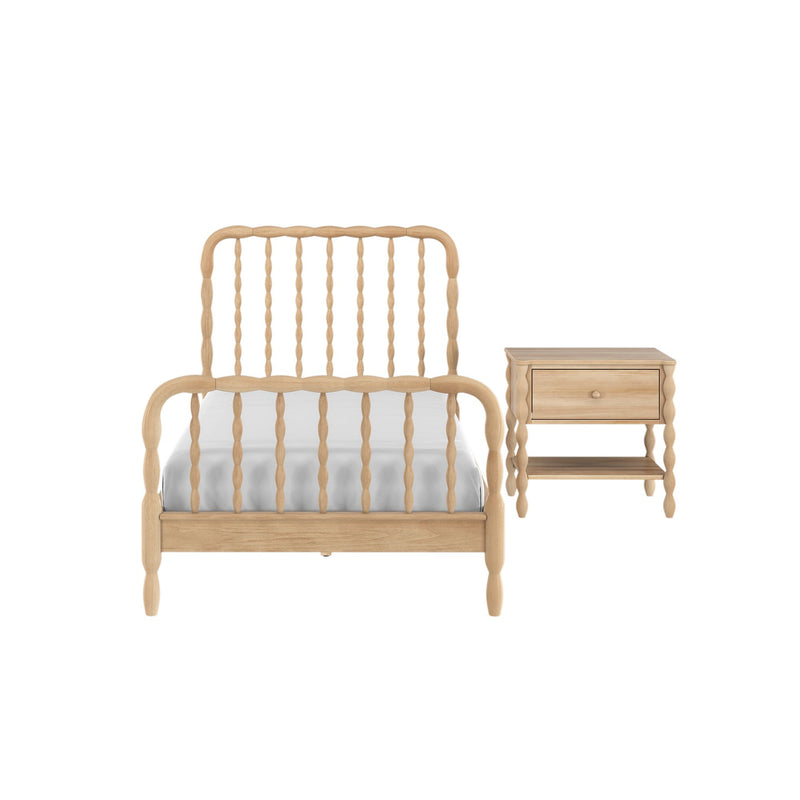 Light oak spindle bed frame with matching wooden nightstand, turned-wood twin bed and bedside table in natural finish with white bedding on a white background