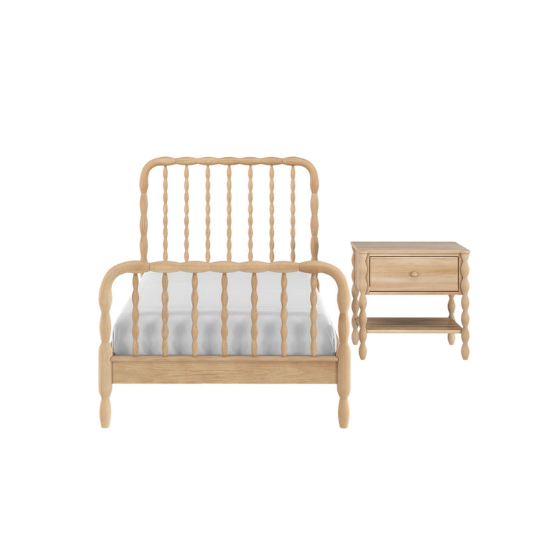 Natural wood spindle twin bed frame with white bedding and matching wooden nightstand in oak finish — farmhouse cottage bedroom furniture