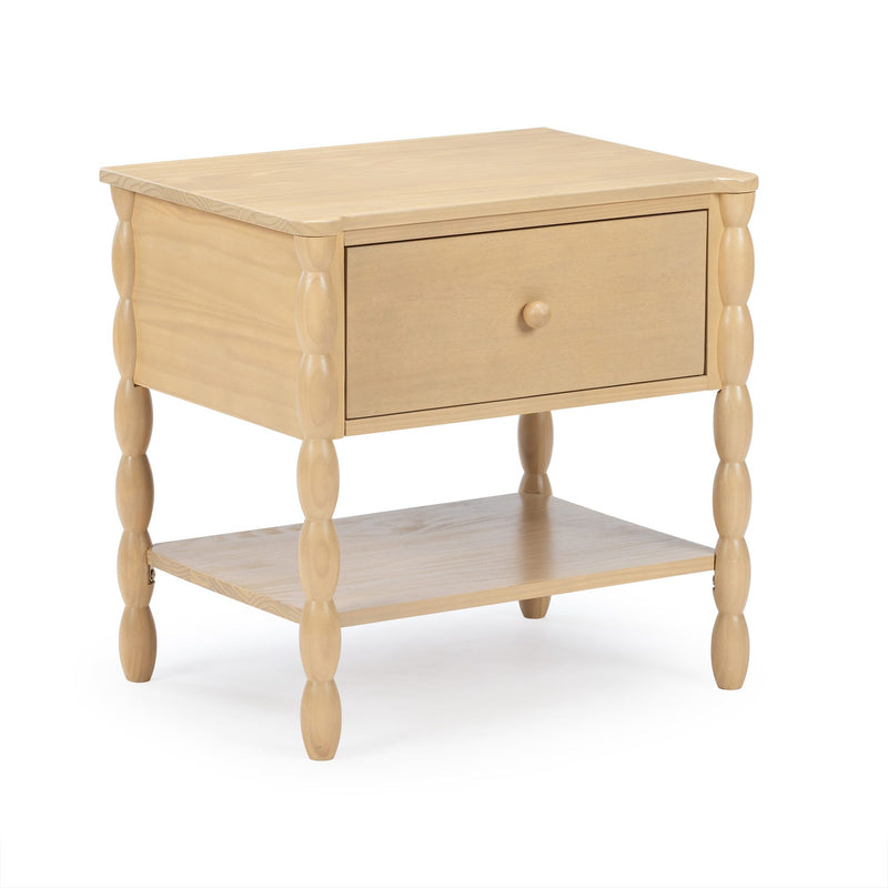 Light natural wood nightstand with one drawer and round knob, turned spindle legs and lower shelf — modern farmhouse bedside table