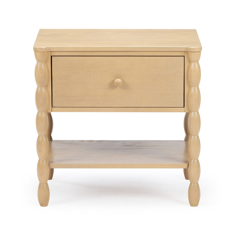 Light natural wood bedside table with single drawer, turned spindle legs and bottom shelf, farmhouse nightstand