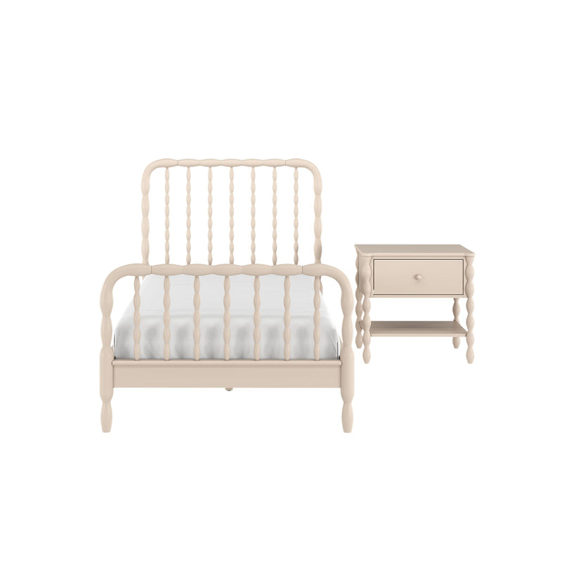 Beige wooden spindle bed frame with matching nightstand, vintage farmhouse bedroom furniture on white background