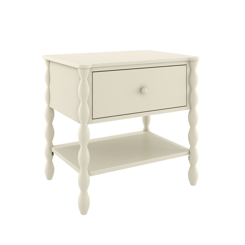 Cream painted wooden bedside table with single drawer, turned spindle legs and lower shelf, modern farmhouse nightstand