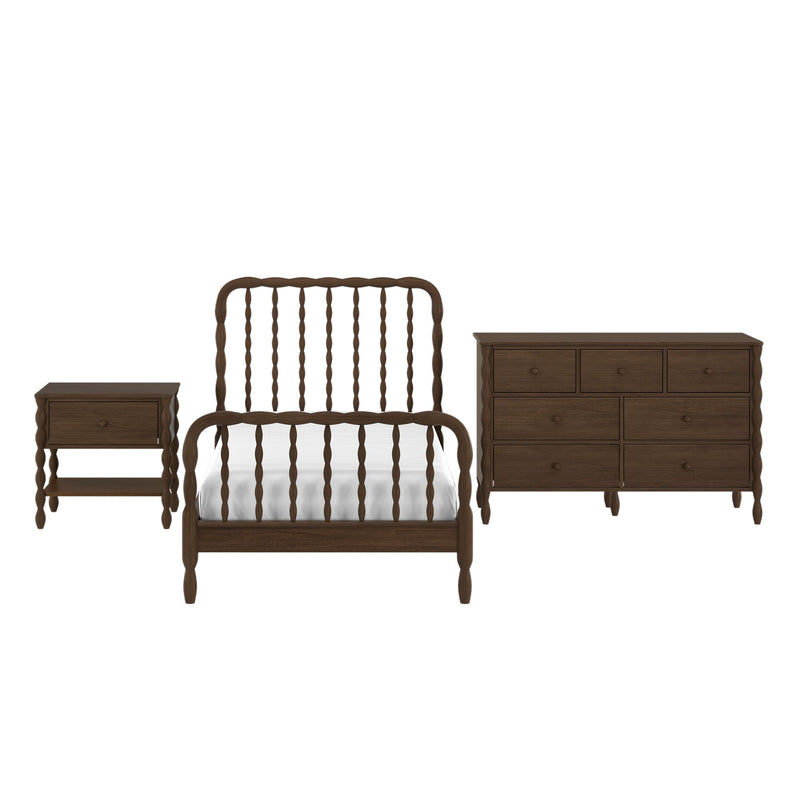 Dark brown solid wood spindle bed frame with white bedding and matching nightstand and six-drawer dresser – rustic bedroom furniture set